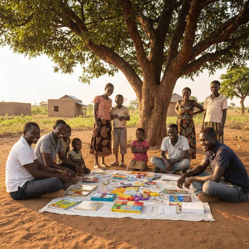 Community gathering around educational materials in a rural African setting