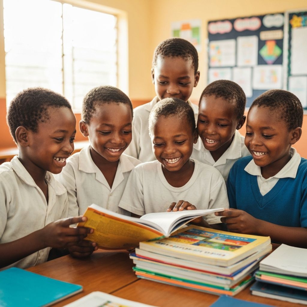 African children engaged in learning with colorful textbooks in a bright classroom